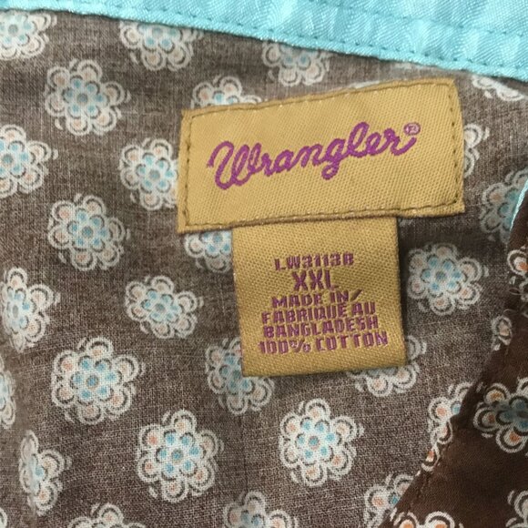 Wrangle Brown Turquoise Flower Print Western Yoke Snap Closure Cotton Blouse XXL - Picture 7 of 8